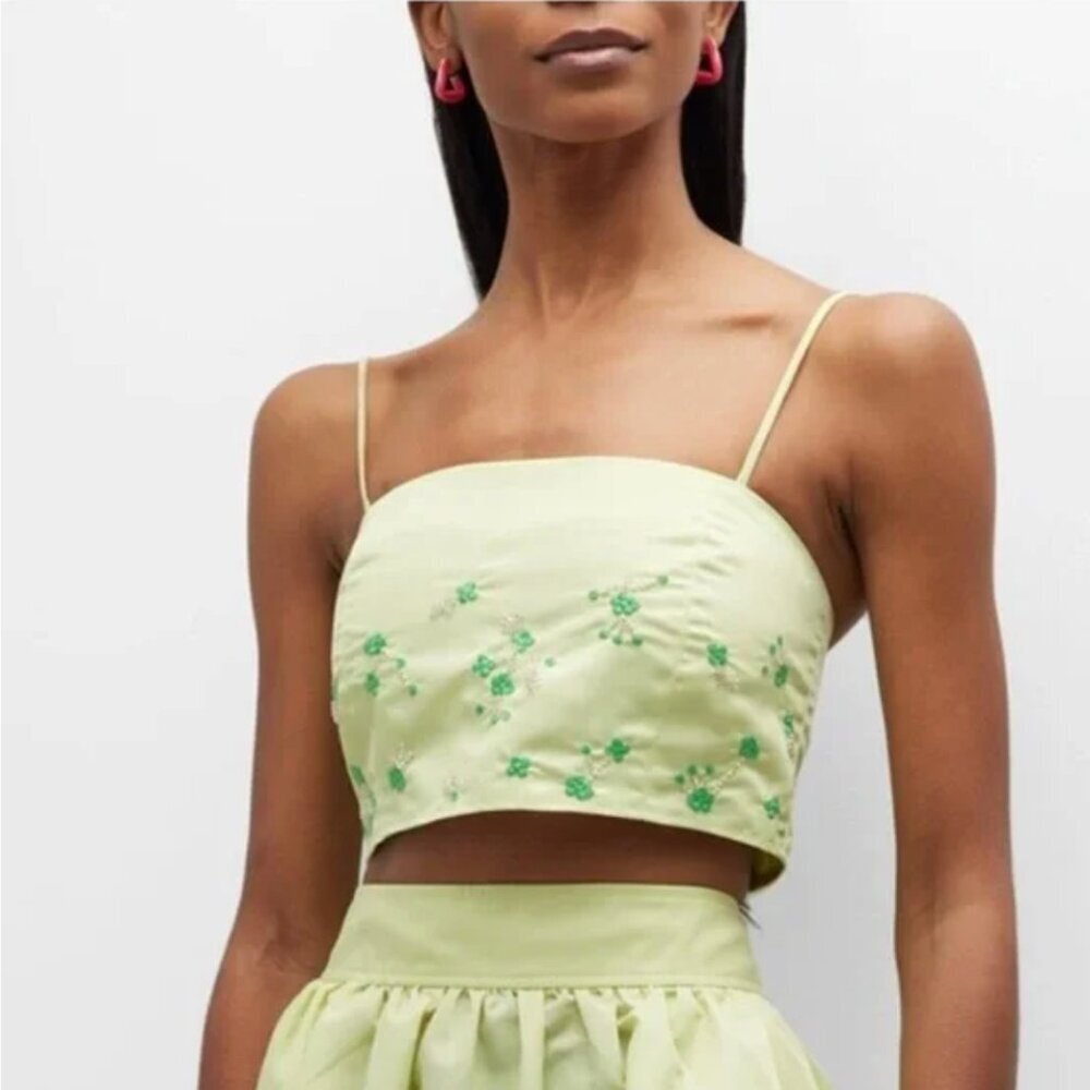 Ganni Lily Green Green Floral Embroidered Crop Tank Top Size 42 / Large US NWT